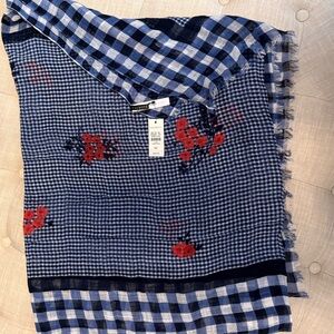 Talbots Blue Checkered Scarf with Red Floral Design